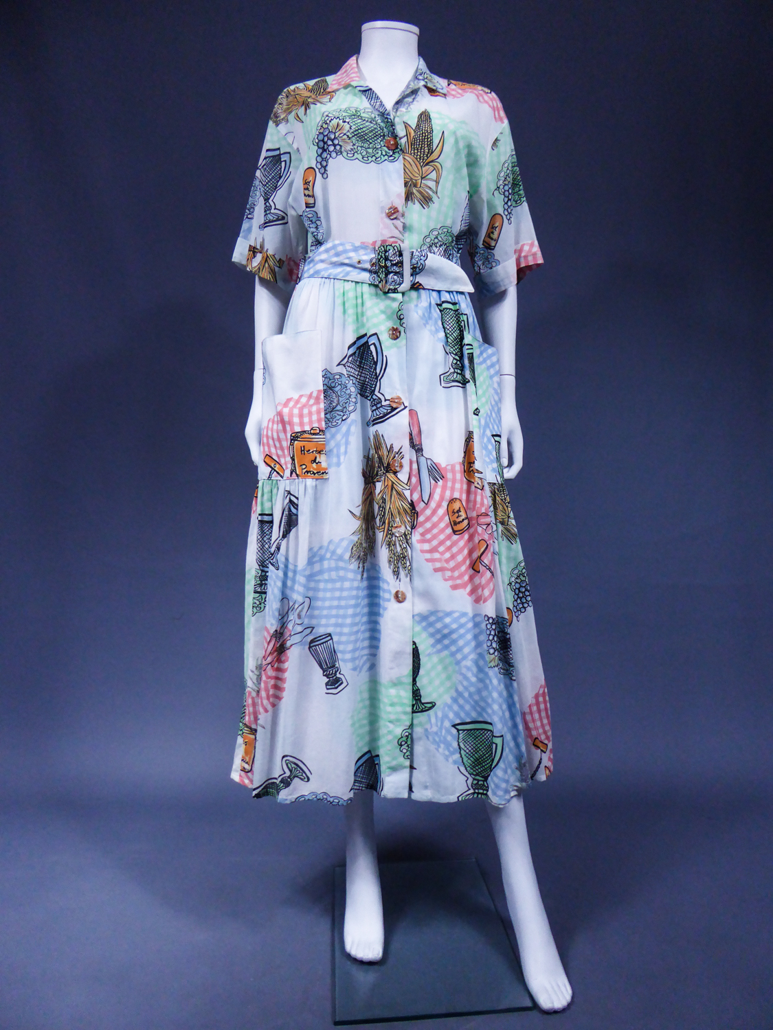 Louis Feraud 1960s Vintage Printed Silk Belted Dress Size 40 / 4 Small Blues